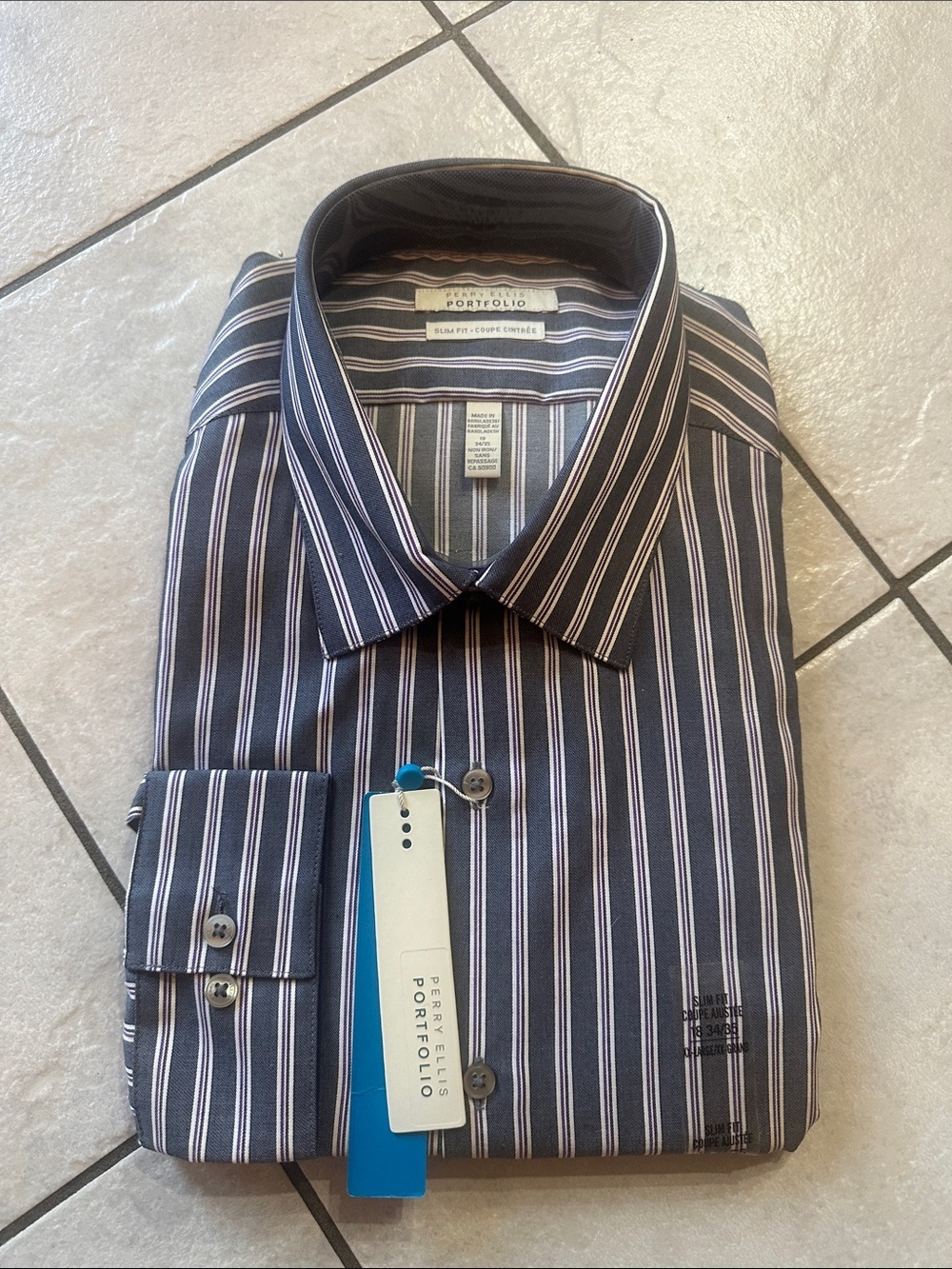 PERRY ELLIS  Retro 90’s Navy & White Vertical Stripe Dress Shirt Neck Sz 18